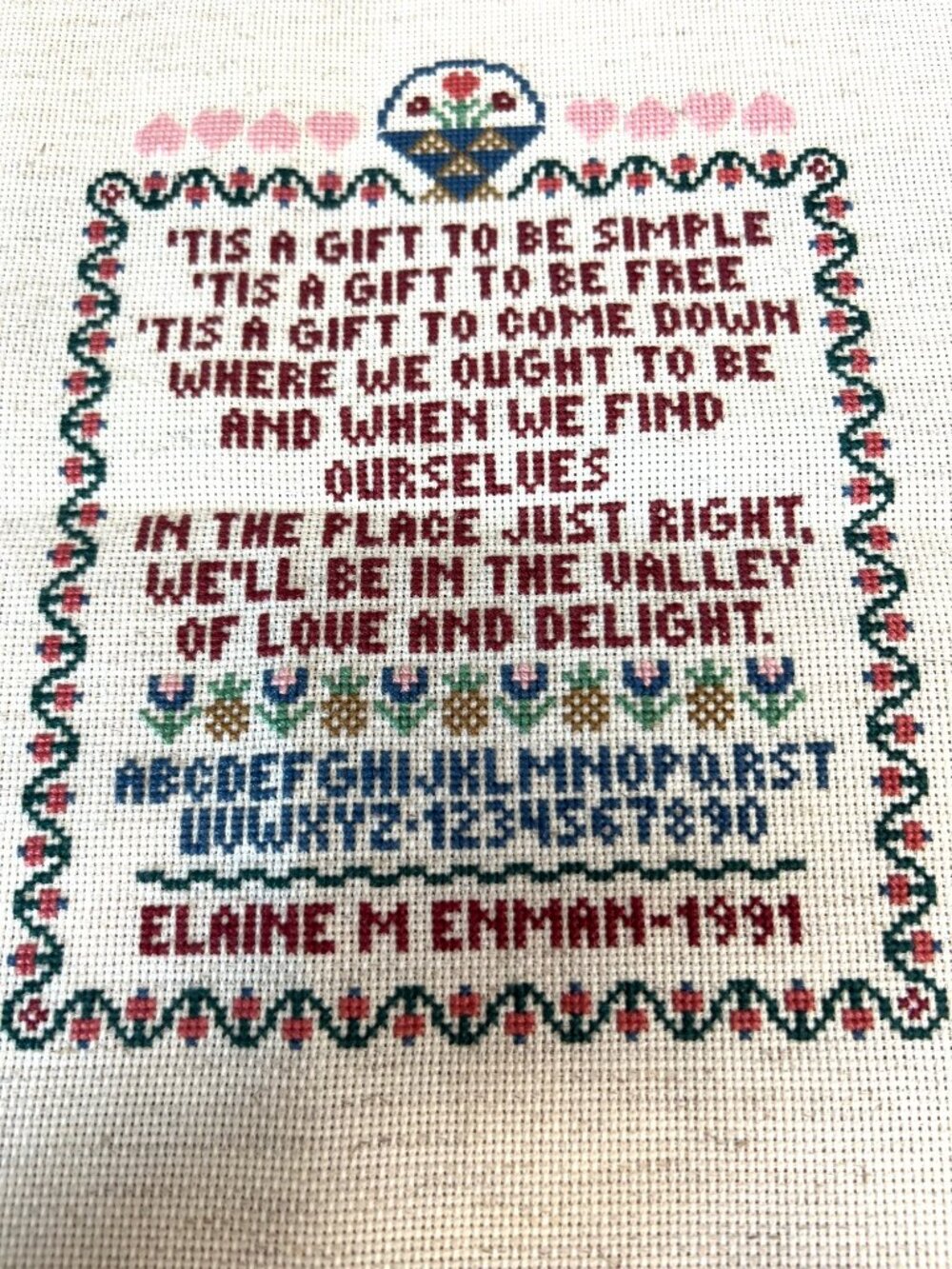 Finished Hand-Stitched Cross-Stitch Sampler Tis A Gift To Be Simple Embroidery